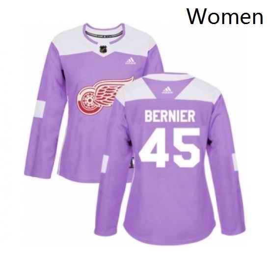 Womens Adidas Detroit Red Wings 45 Jonathan Bernier Authentic Purple Fights Cancer Practice NHL Jersey